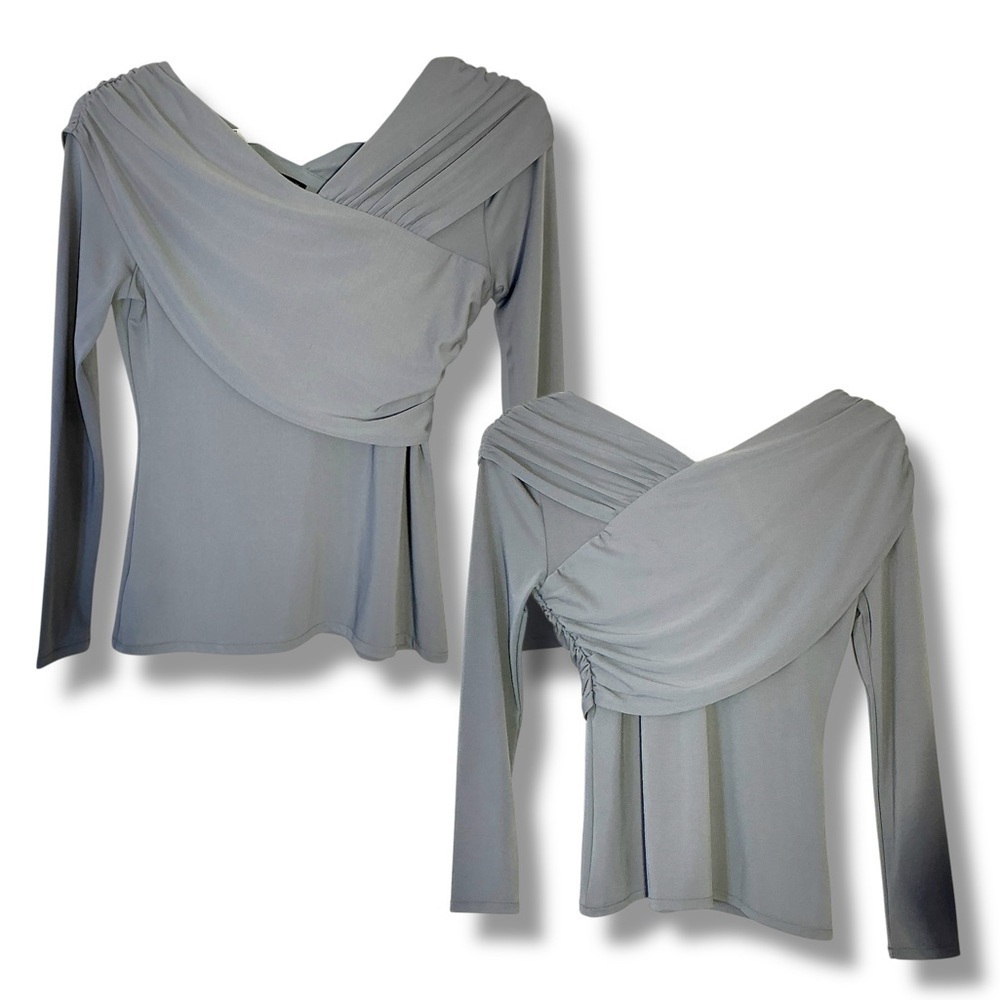 Ann Taylor Top Draped Cross Over Ruched Sleek Stretchy Gray Women's Medium - Picture 12 of 16